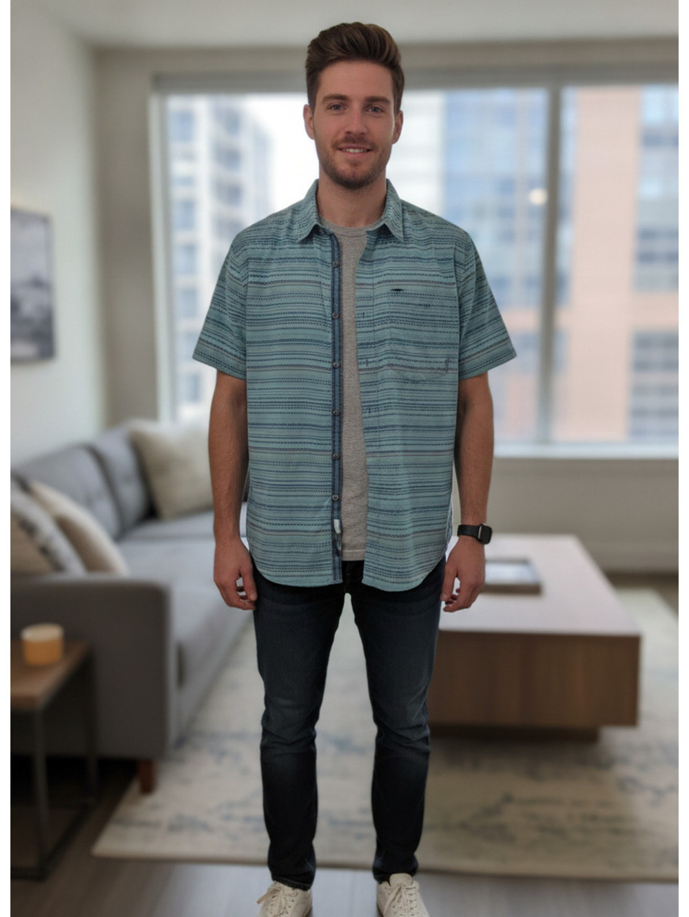 Eddie Bauer Men’s XL Tall TXL Classic Fit Teal Geometric Short Sleeve Shirt